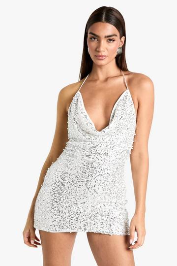 Silver Cowl Neck Pearl Sequin Mini Dress