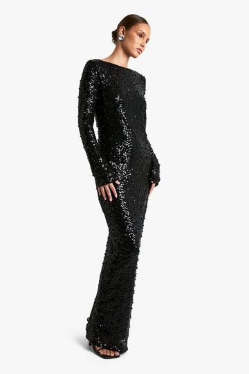 Scoop Low Back Pearl Sequin Maxi Dress black