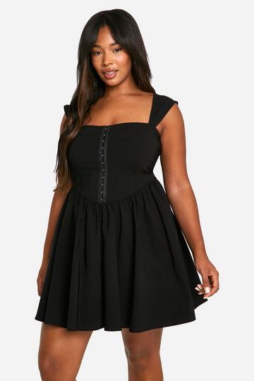 Black Plus Woven Stretch Corset Detail Short Sleeve Floaty Mini Dress