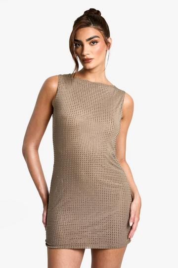 Boat Neck Hot Fix Mini Dress mocha