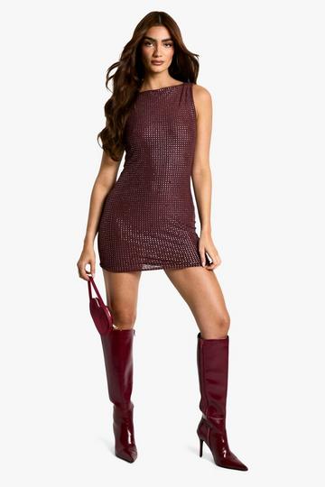 Mauve Purple Slash Neck Hot Fix Mini Dress