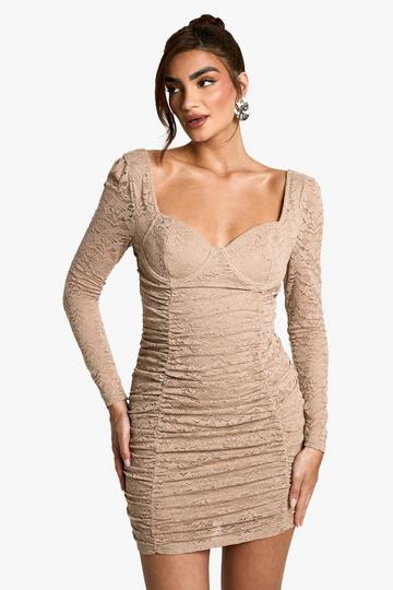 Corset Lace Diamante Long Sleeve Mini Dress nude