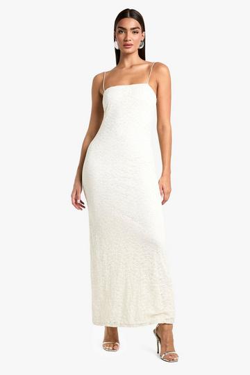 Cream White Strappy Lace Diamante Maxi Dress