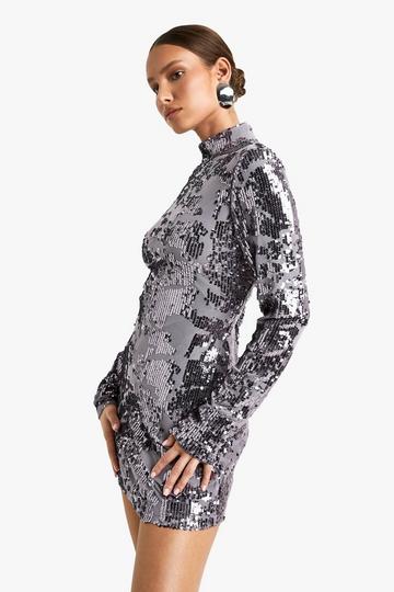 Demask Sequin High Neck Long Sleeve Mini Dress gun metal