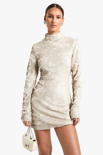 Demask Sequin High Neck Long Sleeve Mini Dress stone