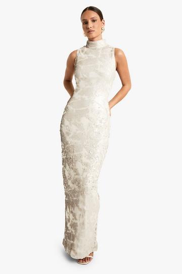 Demask Sequin High Neck Column Maxi Dress stone