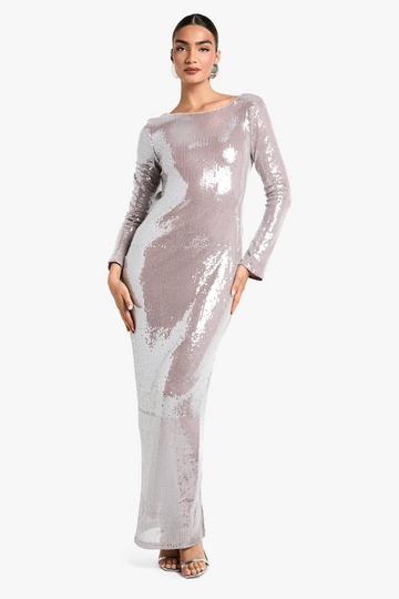 Flare Sleeve Tie Back Column Sequin Maxi Dress mocha