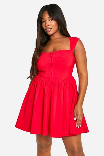 Red Plus Woven Stretch Corset Detail Short Sleeve Floaty Mini Dress