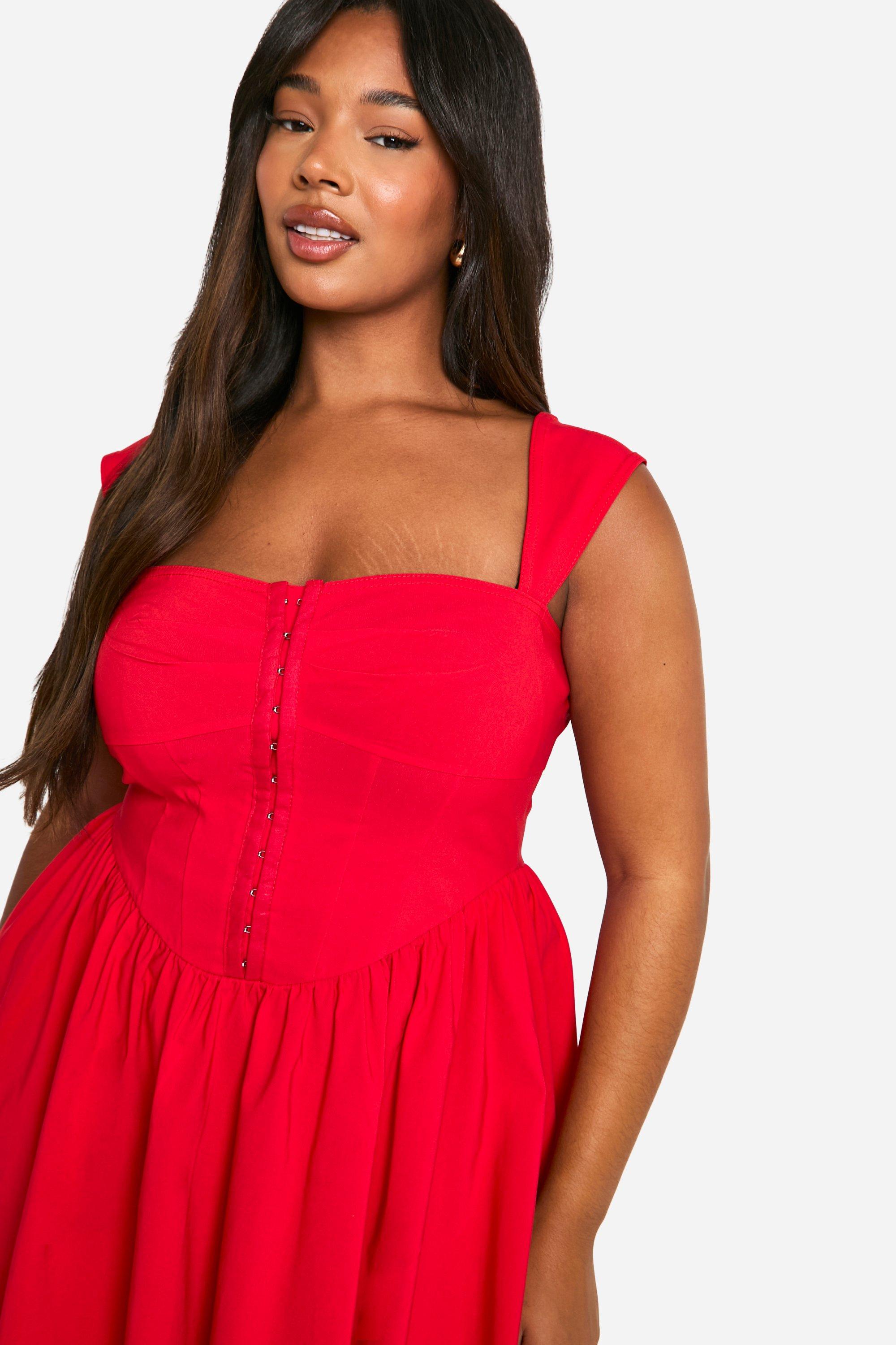 Plus Woven Stretch Corset Detail Short Sleeve Floaty Mini Dress boohoo