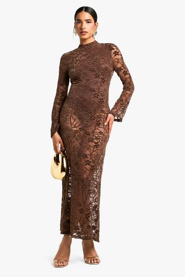 Velvet Lace High Neck Open Back Maxi Dress tan