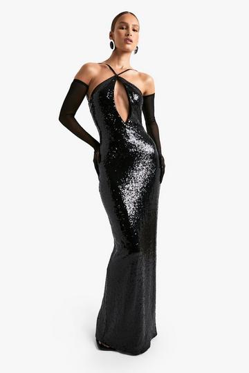 Halter Neck Cut Out Sequin Maxi Dress black