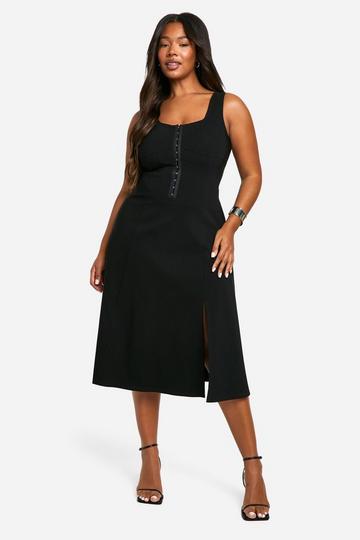 Black Plus Woven Stretch Corset Detail Floaty Midi Dress