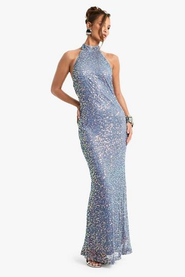 Blue High Neck Racer Crochet Sequin Maxi Dress