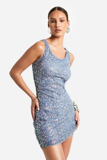 Blue Racer Neck Crotchet Sequin Mini Dress