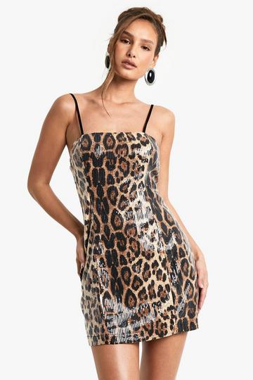 Square Neck Lace Back Leopard Sequin Mini Dress brown