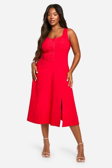 Red Plus Woven Stretch Corset Detail Floaty Midi Dress