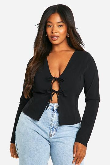 Plus Woven Stretch Tie Detail Long Sleeve Top black