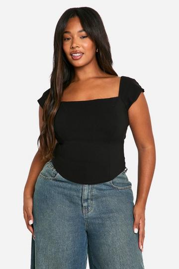 Plus Geweven Stretch Korset Top Met Kapmouwen black