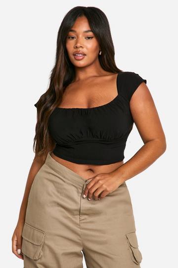 Plus Woven Stretch Ruched Cap Sleeve Corset Top black