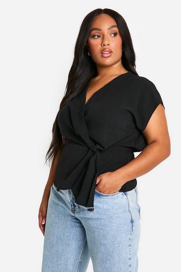 Plus Hammered Wrap Knot Front Blouse black