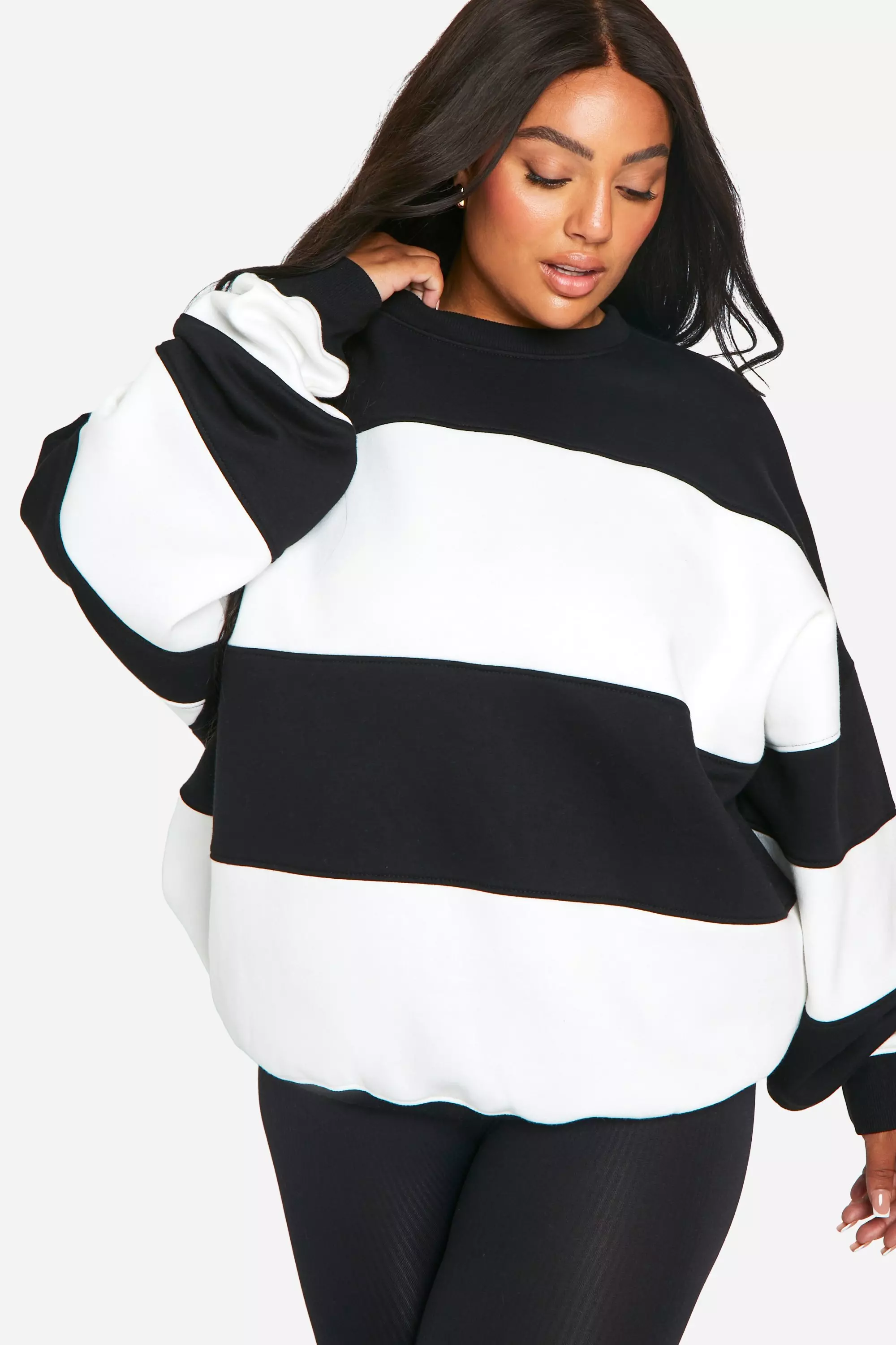 Ecru Plus Stripe Oversized Sweatshirt صورة بديلة