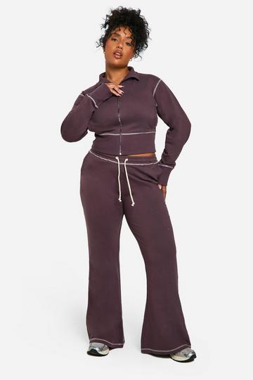 Chocolate Brown Plus Contrast Stitch Shrunken Top And Flared Jogger Tracksuit