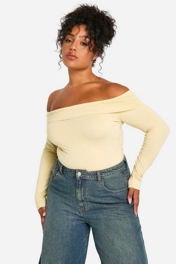 Plus Overdye Katoenen Off Shoulder Bodysuit Met Lange Mouwen butter