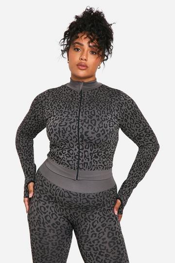 Grey Plus Leopard Print Seamless Zip Through Jacket