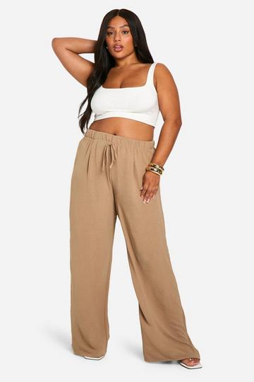 Camel Beige Plus Geweven Wide Leg Broek Met Touwtjes