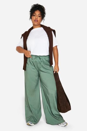 Plus Woven Stripe Wide Leg Floaty Trousers khaki