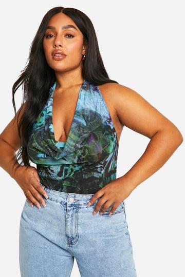 Plus Mesh Dierenprint Bodysuit Met Losse Col blue