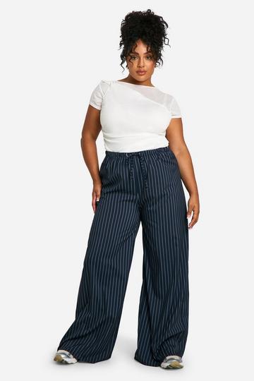 Plus Geweven Gestreepte Zwierige Wide Leg Broek navy