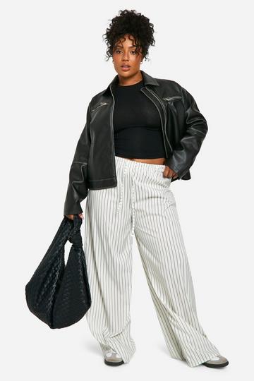 Cream White Plus Woven Stripe Wide Leg Floaty Pants