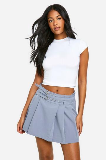 Grey Tall Pleated Buckle Belt Mini Skirt