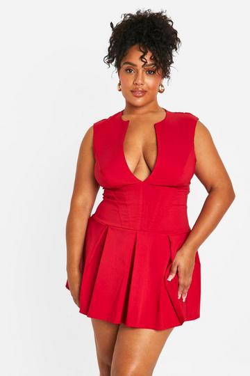 Plus Corset Detail Plunge Pleated Hem Dress red