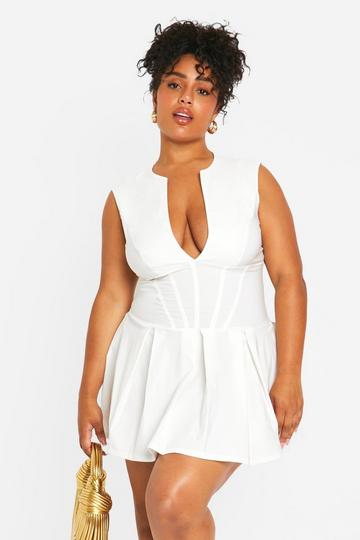 Plus Corset Detail Plunge Pleated Hem Dress cream