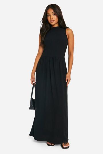 Petite Crinkle Drop Waist Racer Maxi Dress black