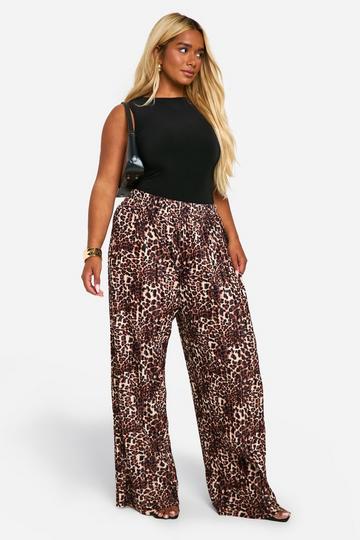 Plus Plisse Luipaardprint Wide Leg Broek brown