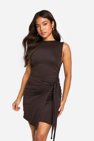 Petite High Neck Sleeveless Wrap Mini Dress chocolate