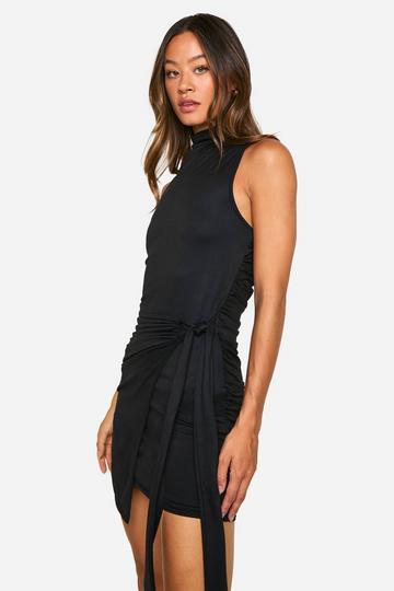 Tall High Neck Sleeveless Wrap Mini Dress black