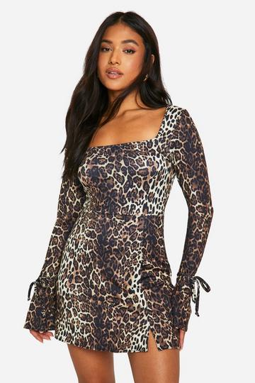 Petite Leopard Square Neck Tie Cuff Mini Shift Dress natural