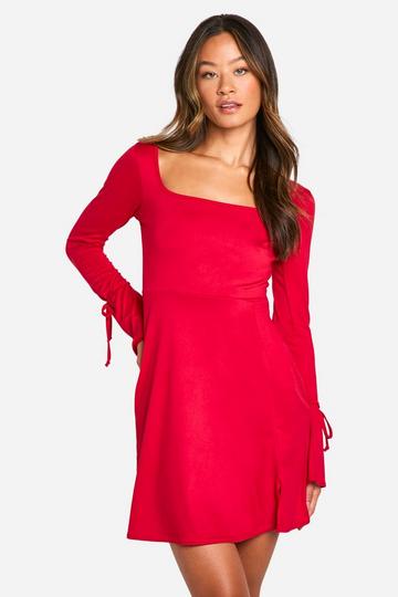 Tall Square Neck Tie Cuff Mini Shift Dress red