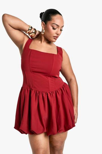 Plus Square Neck Pleated Skater Dress red