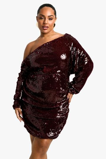 Plus Sequin Off Sholder Ruched Mini Dress malbec