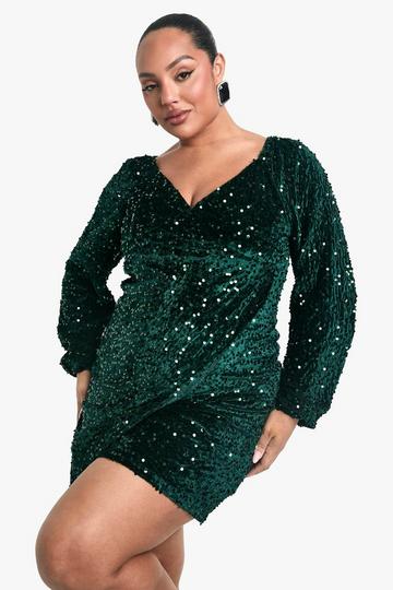 Plus Velvet Sequin Swing Dress emerald