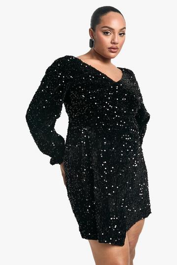 Plus Fluwelen Glitter Swing Jurk Met Pailletten black