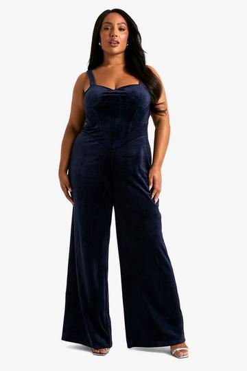 Plus Fluwelen Wide Leg Jumpsuit Met Korset Detail navy