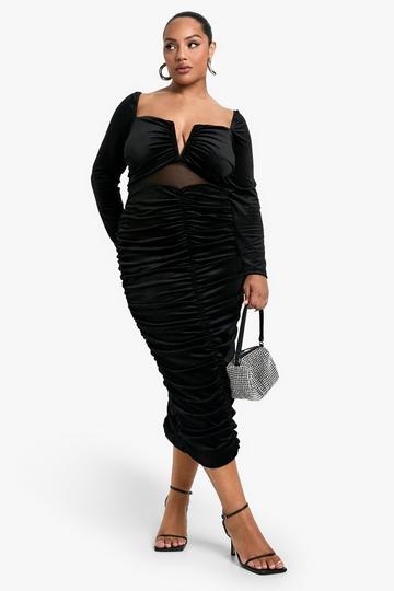 Plus Velvet Sheer Detailed Long Sleeve Midi Dress black