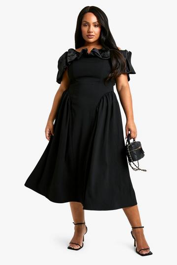 Black Plus Volume Off The Shoulder Midi Skater Dress