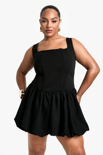 Plus Square Neck Pleated Skater Dress black